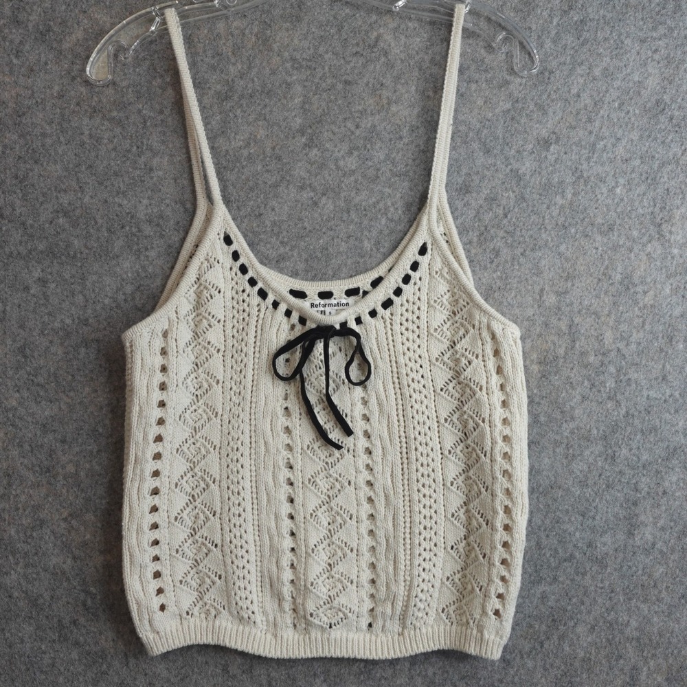 Reformation Cream Crochet Knit Tank with Black Tie